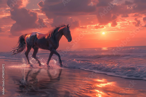 A horse ridding on the beach having an elegant view with sun set