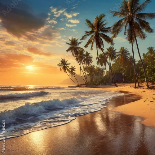  a serene sunset scene on a sandy beach  complete with gently swaying palm trees and the sound of waves crashing in the distance