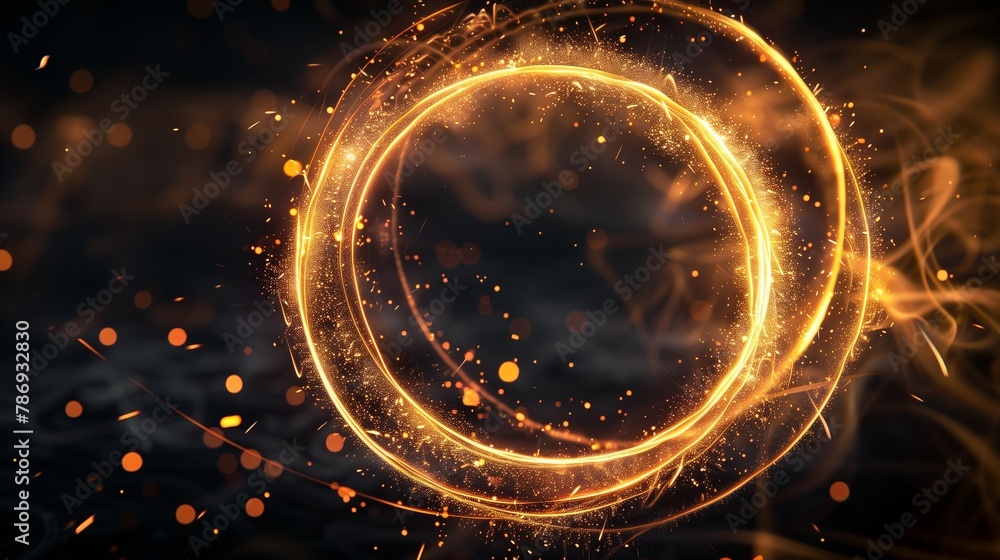 Glowing golden circle with sparks. A mesmerizing golden ring emits a soft glow and scintillating sparks on a dark smoky background. Glowing golden circle with sparks. A mesmerizing golden ring emits a soft glow and scintillating sparks on a dark smoky background.