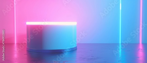 The 3D rendering shows a blank product stand with neon lights against a pastel color background.