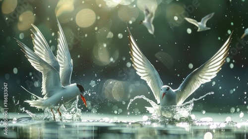 Medium sized sea birds known as terns are able to plunge into the water to catch fish