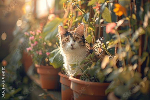 A calico cat with a quizzical expression, peeking from behind a row of upside-down flower pots, donning butterfly wings, amidst a lush, lit garden filled with vibrant blooms and trailing vines.