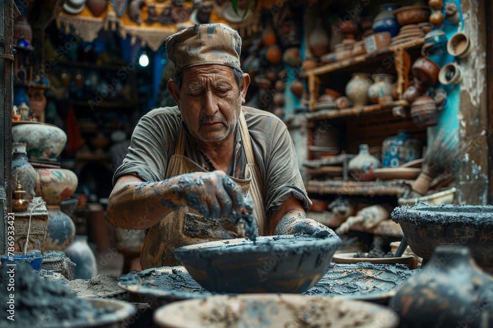 Artisan Potter Inspecting Handcrafted Ceramic Bowls Artisan Potter Inspecting Handcrafted Ceramic Bowls