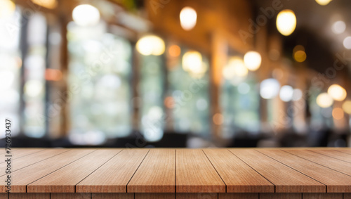 Empty wooden table top with lights bokeh on blur restaurant background.