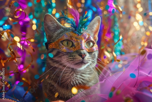 A charismatic, silver tabby cat wearing a vibrant, feathered Mardi Gras mask, posed amidst a burst of colorful, festive streamers and confetti.