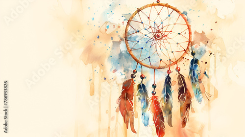 Abstract of dreamcather with colorful watercolor in hand drawn. Concept of belief in amulet decorated by feathers with net handmade Dream catcher with abstract bright beautiful feathers and watercolor