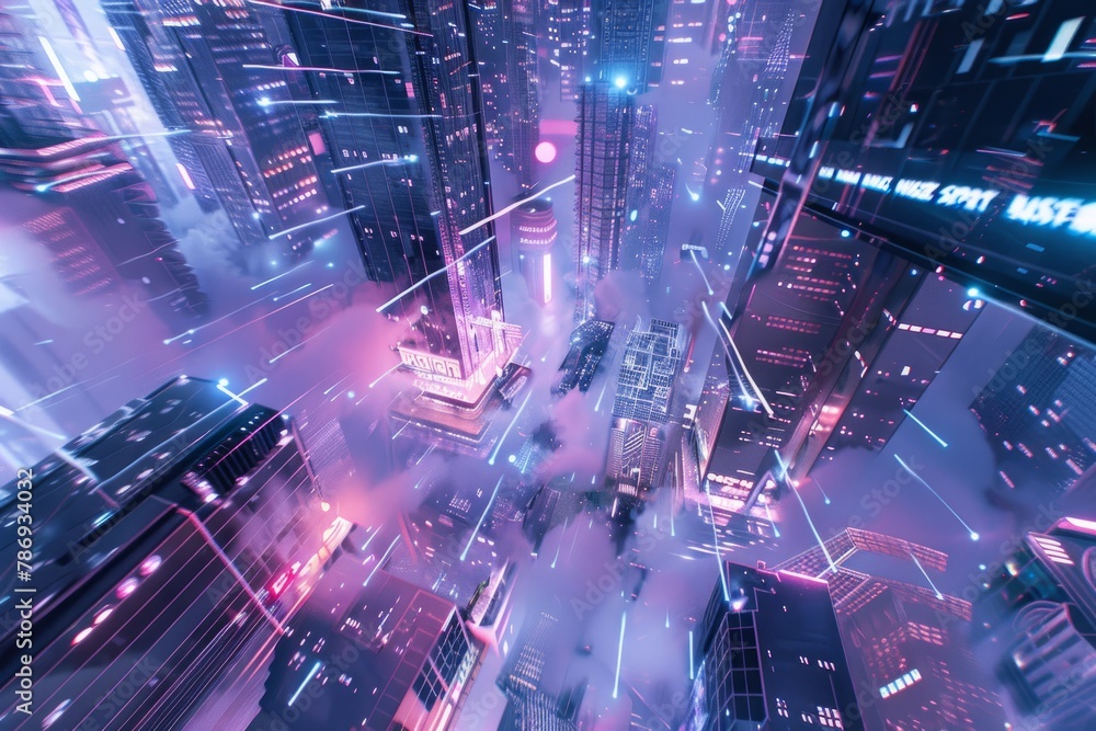 An abstract cyber city with glitching skyscrapers, digital billboards, and pulsating energy fields, Generative AI