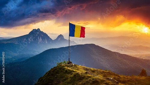 The Flag of Romania On The Mountain. photo
