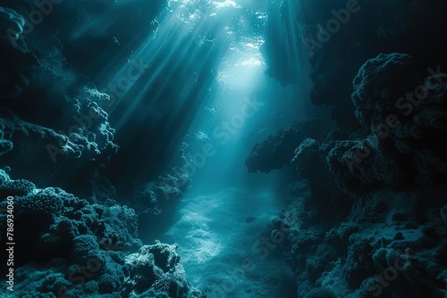 an underwater view of the ocean with sunlight coming through the water photo