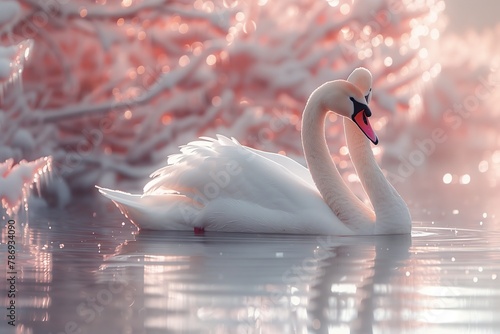 A white swan gracefully swims in the water with pink flowers in the background