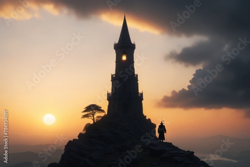 AI generated illustration of a magician next to his tower looking into the sunset © Wirestock