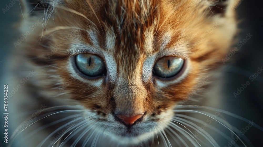 Captivating Kitten with Tiger Like Fur Stares into Camera Winning Hearts with Endearing Eyes and Charismatic Presence - obrazy, fototapety, plakaty 