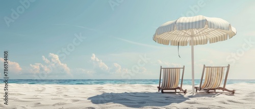 A beach umbrella and chairs on the sand. Concept for summer vacation. 3D render