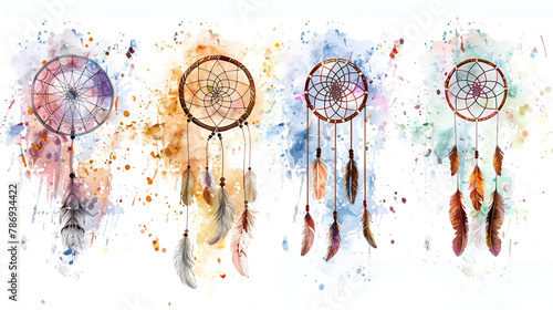 Abstract of dreamcather with colorful watercolor in hand drawn. Concept of belief in amulet decorated by feathers with net handmade Dream catcher with abstract bright beautiful feathers photo