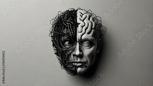 Mental Health Disorder Concept. Weak, Stressed Down Person. Negative Feeling. Depressed Emotional inside a Brain and Mind. Human Head and Brain made by Messy Wire. AI generated image photo