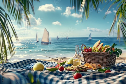 Idyllic beach picnic setup with a checkered picnic blanket, a basket of fruits, sandwiches, and a chilled bottle of lemonade. The scene features a calm sea with sailboats.