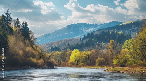 carpathian countryside scenery with river on a sunny day in spring. trees along shore and forest on the hill. mountainous landscape of ukraine beneath a blue sky with fluffy clouds