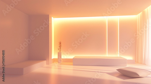 Clean, geometric shapes adorning the walls of a simple, minimalistic room, illuminated by subtle accent lighting.
