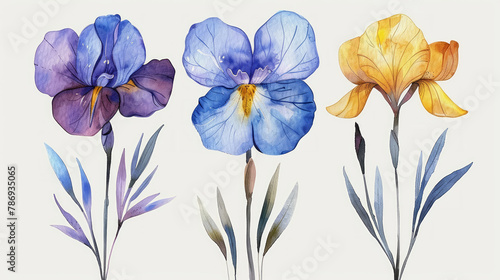 Set di illustrazioni floreali ad acquerello - collezione di rami di iris e anemoni, per la cancelleria di nozze, auguri, sfondi, moda, sfondo bianco scontornabile photo