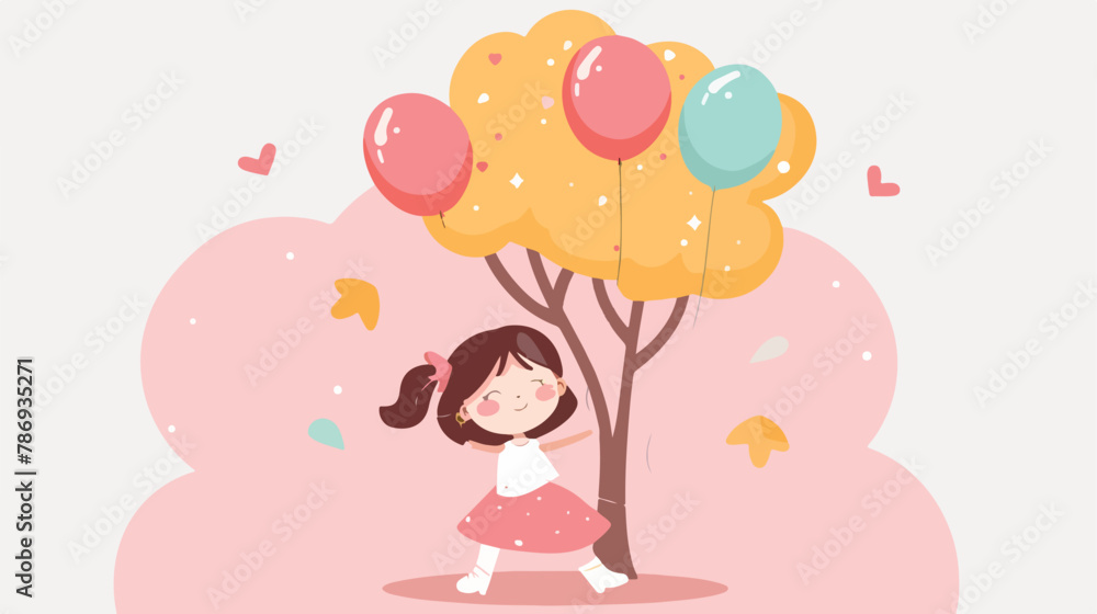 Cute cartoon girl with balloons sitting on a tree. vector