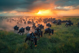 A scene showing a vast herd of wildebeests thundering across the Serengeti plains at dawn, dust bill