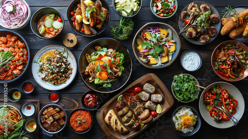 Assorted International Cuisine Spread on a Wooden Table, Featuring an Array of Dishes for Global Gastronomy Appreciation
