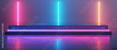 A blank product stand with neon lights. A rendering in 3D