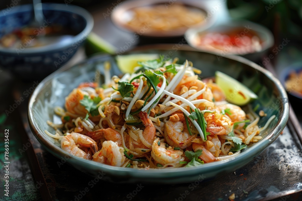 Pad thai noodles, Thai street food, Pad thai on rustic wood table, Generative AI Pad thai noodles, Thai street food, Pad thai on rustic wood table, Generative AI