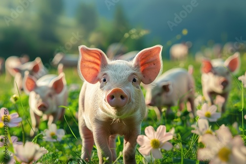 Funny young pig is standing on the green grass, Pigs farming, Generative AI