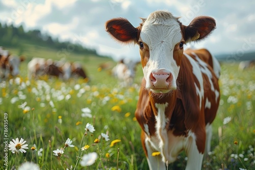 A cow on the background of sky and green grass, Cows farming, Generative AI