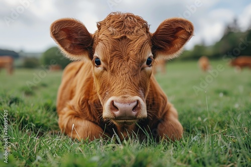 A cow on the background of sky and green grass, Cows farming, Generative AI