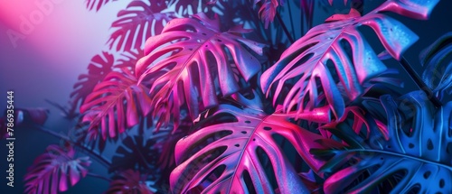 Three-dimensional rendering of tropical leaves illuminated by neon lights.