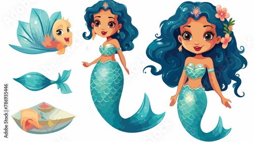 Cute cartoon mermaids. Siren. Sea theme. Beautiful gi