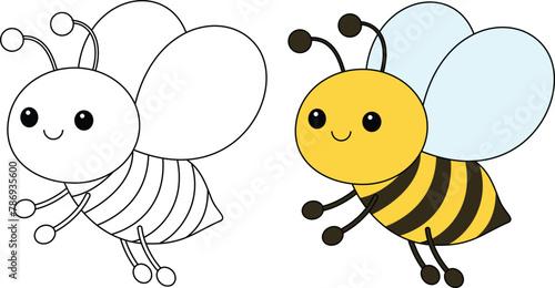 Cute kawaii cartoon character bee coloring page, vector printable worksheets for preschool.