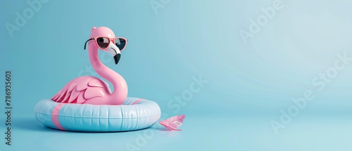 The flamingo float with sunglasses is depicted on a pastel blue background. It represents summer minimalism. 3D rendering.