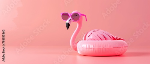 3D rendering of flamingo float with sunglasses on pastel pink background. Concept of summer minimalism.