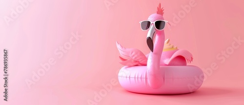 Summer minimal concept with flamingos on pastel pink background. 3D rendering of flamingos with sunglasses.