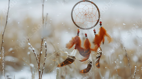Handmade colorfull dream catcher in the snowy forest, Dreamcatcher against a white blur of snow, Colorful Dreamcatcher made of feathers leather beads and ropes
