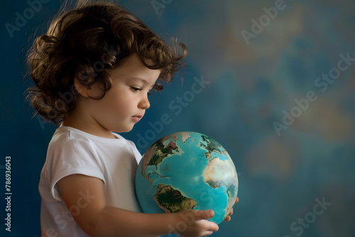 Curious Child Embracing a Globe, Contemplating the World with Innocent Wonder Against a Textured Blue Backdrop