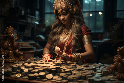 A scene where Lakshmi, the Hindu goddess of wealth, endorses a financial service, ensuring prosperit photo
