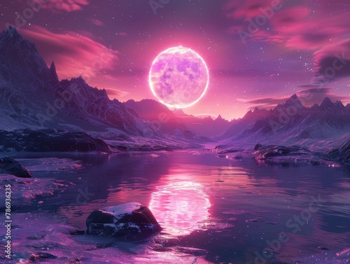 Mountains and lakes, the huge red moon