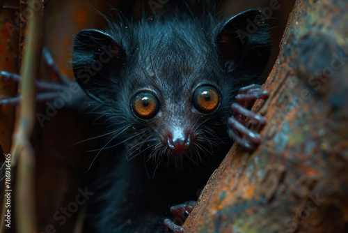 An image capturing the elusive night-time behavior of the Aye-aye in Madagascar, its large eyes glow photo