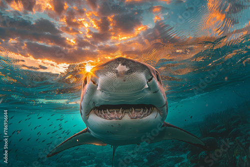 Great White Shark Cruising in Sunset Waters. © bajita111122