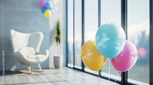 Colorful balloons floating against the backdrop of a sleek, modern room, adding a touch of whimsy to the minimalist decor. photo