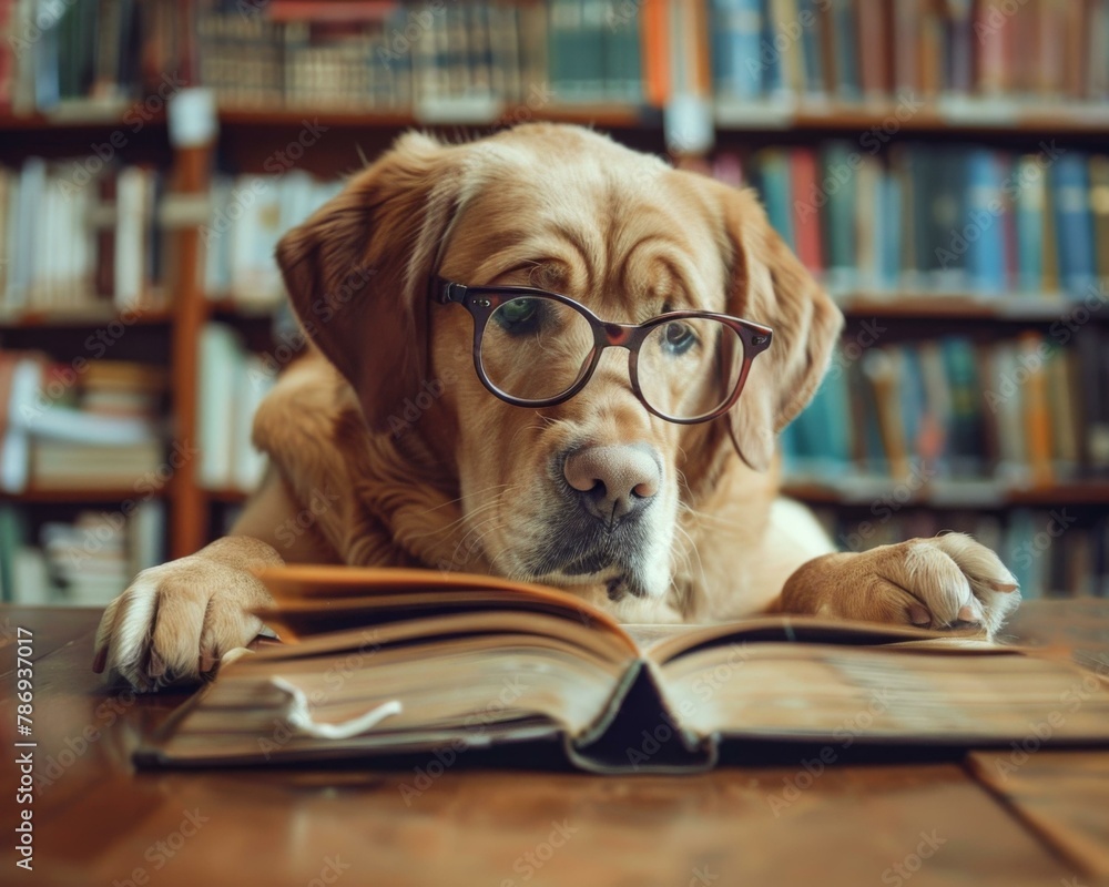 A smart dog wearing glasses reading a book in a library. Generative AI.