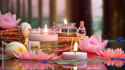 Beauty treatment items for spa procedures on white wooden table. massage stones, essential oils and lotus flower photo