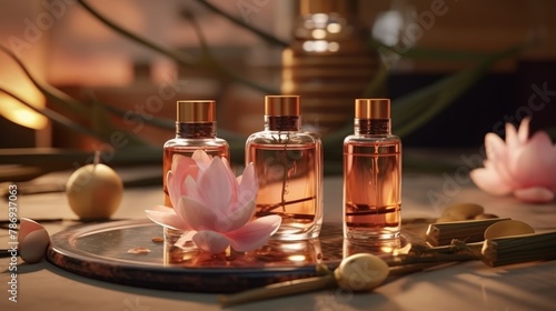 Beauty treatment items for spa procedures on white wooden table. massage stones, essential oils and lotus flower photo