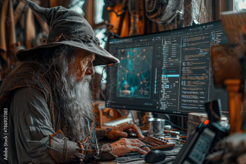 A depiction of a wizard at a dual monitor setup, one screen displaying code while the other shows a
