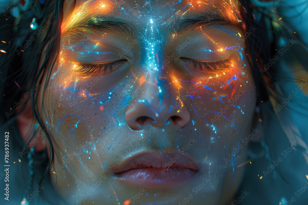 An image of a shaman with his eyes closed, in deep concentration, as spirits of the northern lights An image of a shaman with his eyes closed, in deep concentration, as spirits of the northern lights