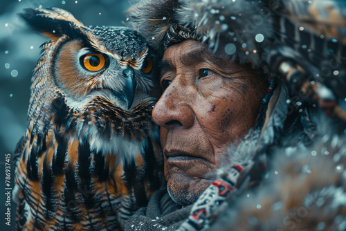 An image of a shaman with an owl perched on his shoulder, both gazing into the night sky as starry f